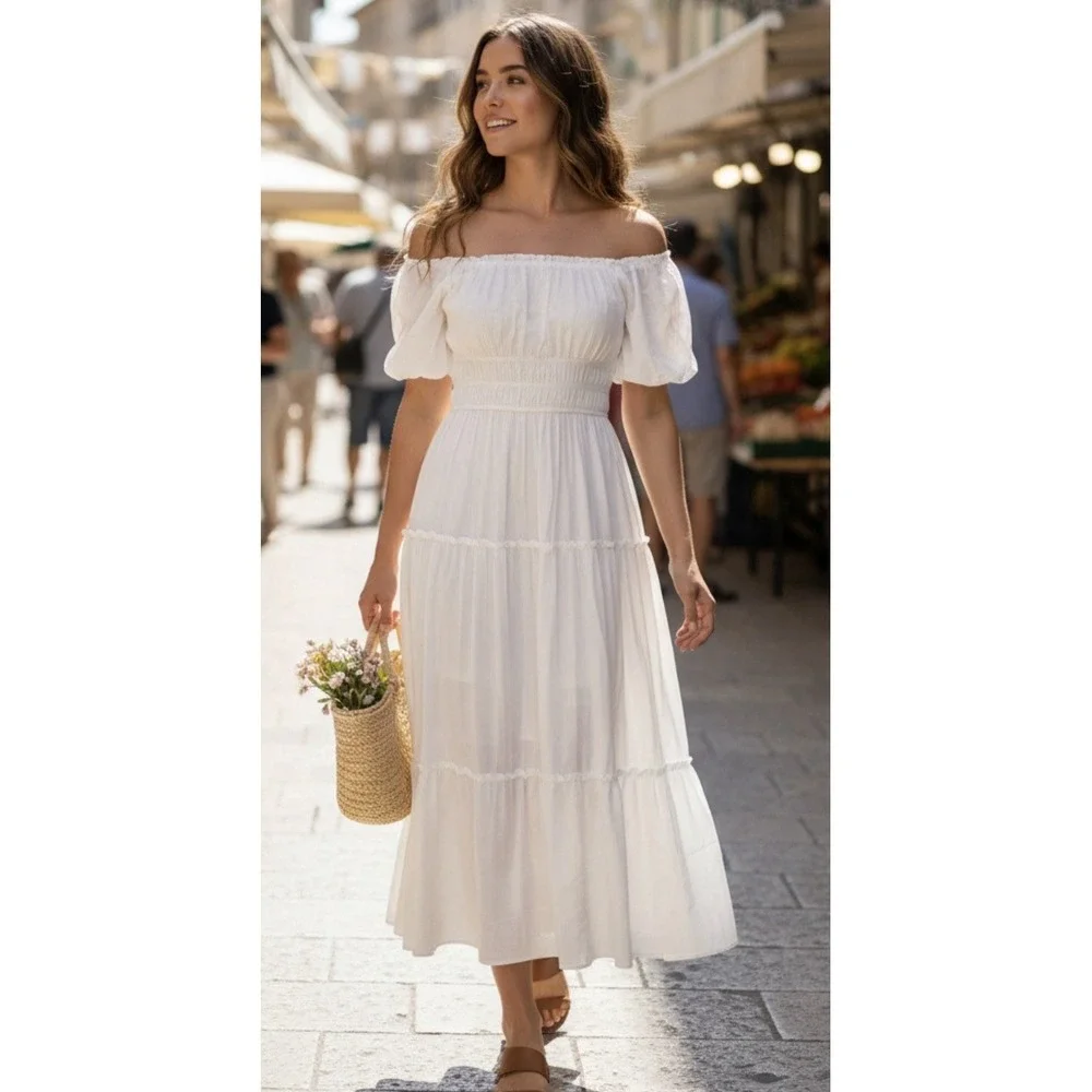 Trixxi Smocked Puff Sleeve Maxi Womens Size S White Tiered Cottagecore Romantic